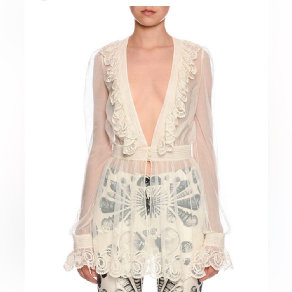 Long-sleeve embroidered tulle Peplum Blouse NWT